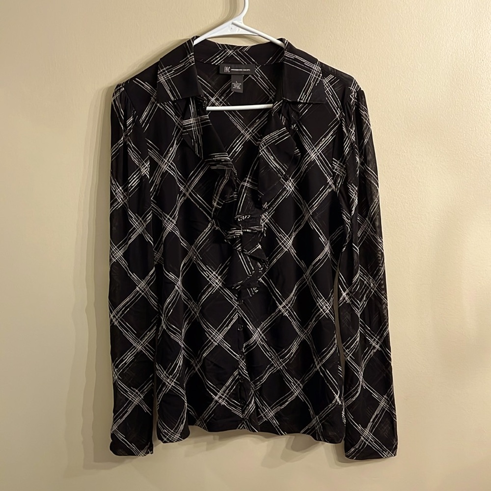 - I-N-C fitted stretchy black and cream blouse, front ruffle, small button…
